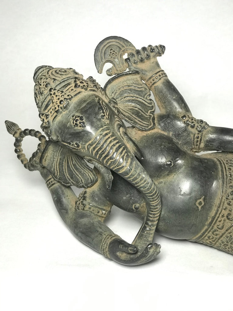 Brass Reclining Ganesh Statue 12" - Routes Gallery