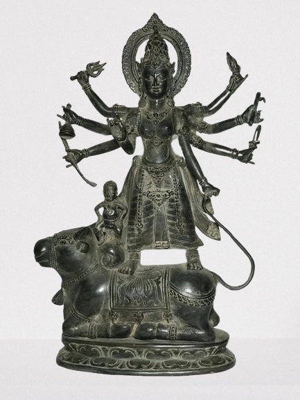 Brass Durga Statue Standing on Nandi Bull 16" - Routes Gallery