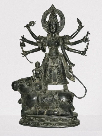 Brass Durga Statue Standing on Nandi Bull 16" - Routes Gallery
