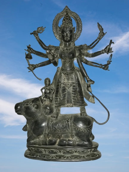 Brass Durga Statue Standing on Nandi Bull 16" - Routes Gallery