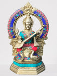 Brass Saraswati Playing Veena with Arch 10"