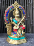 Brass Saraswati Playing Veena with Arch 10" - Routes Gallery