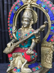 Brass Saraswati Playing Veena with Arch 10" - Routes Gallery