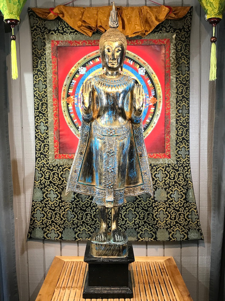 Wood Standing Sukhothai Buddha Statue 52" - Routes Gallery