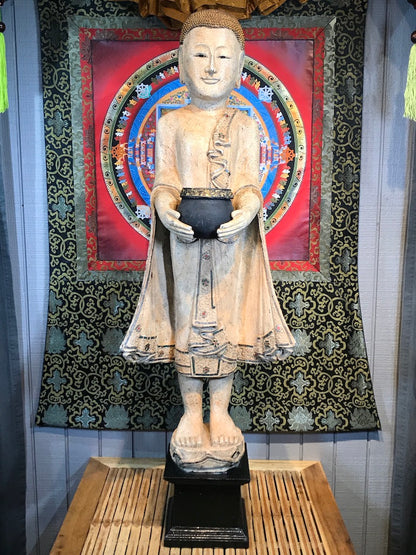 Wood Standing Monk with Alms Bowl 48" - Routes Gallery