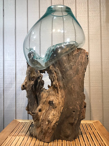Glass & Teak Terrarium Vase Sculpture 31" - Routes Gallery